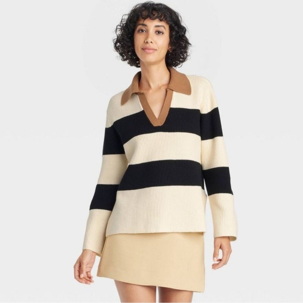 Striped V-Neck Sweater - Black and Cream